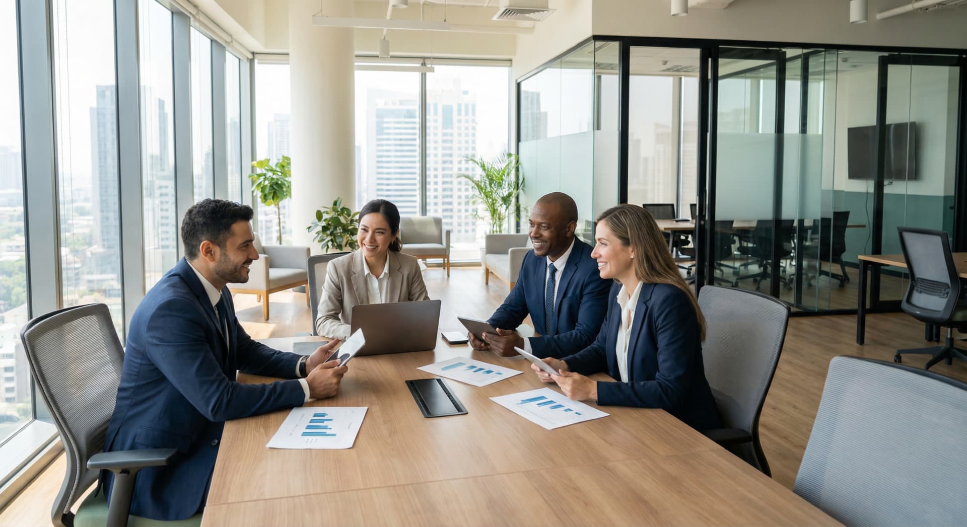 Profesionálny tím finančných poradcov pracujúcich v modernej kancelárii